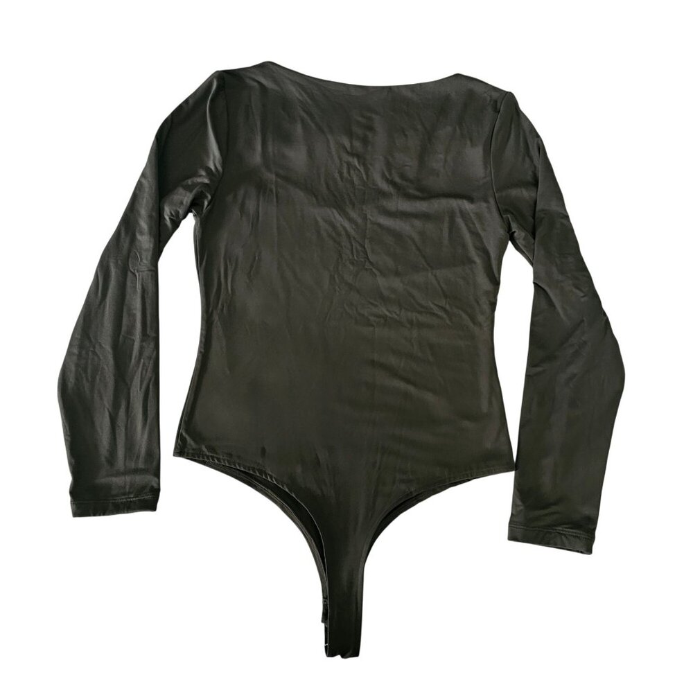 Reoria Women's Gray/Green Sweetheart Neck Long Sleeve Thong Bodysuit Size Large - Picture 4 of 11